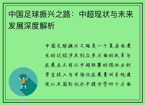 中国足球振兴之路：中超现状与未来发展深度解析
