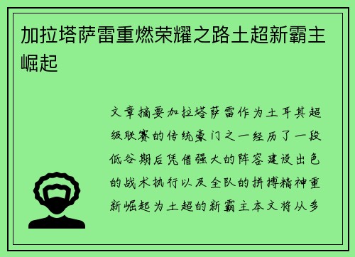 加拉塔萨雷重燃荣耀之路土超新霸主崛起