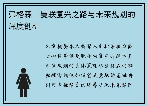 弗格森：曼联复兴之路与未来规划的深度剖析
